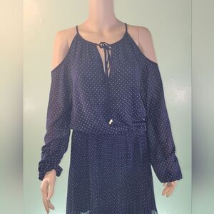 Michael Michael Kors Womens Dark Blue Spotted Pleated Midi Cold Shoulder Dress M